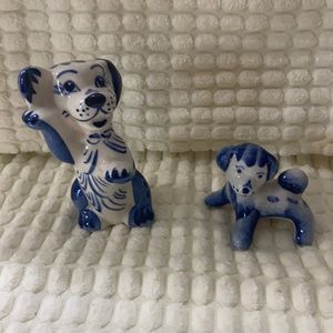 Vintage Porcelain Blue and White Dog Figures-Set of 2